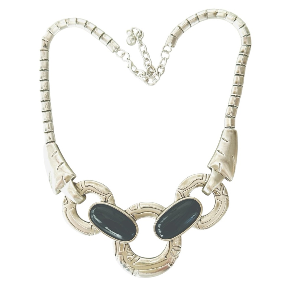 Modernist Black Glass Cabochons Silver Tone Bib Necklace Vintage 1960s